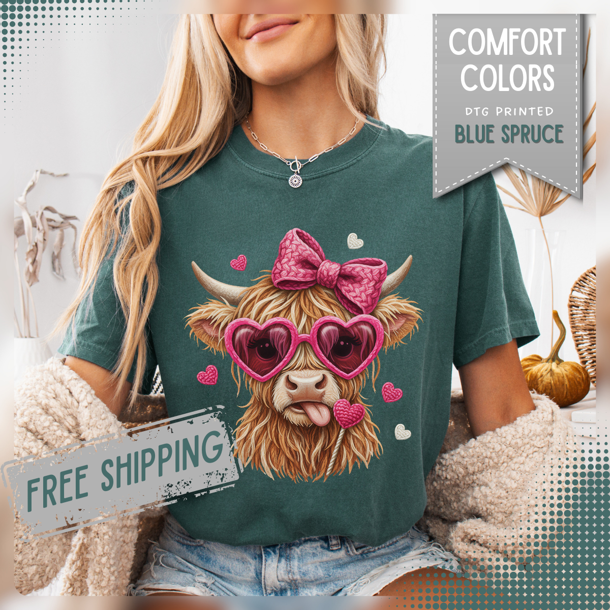 Highland Cow - Pink Heart Shaped Glasses - Comfort Colors | Trendy Women's T-Shirt. Direct to Garment. Printed & Shipped in the USA. Unisex Sizes.