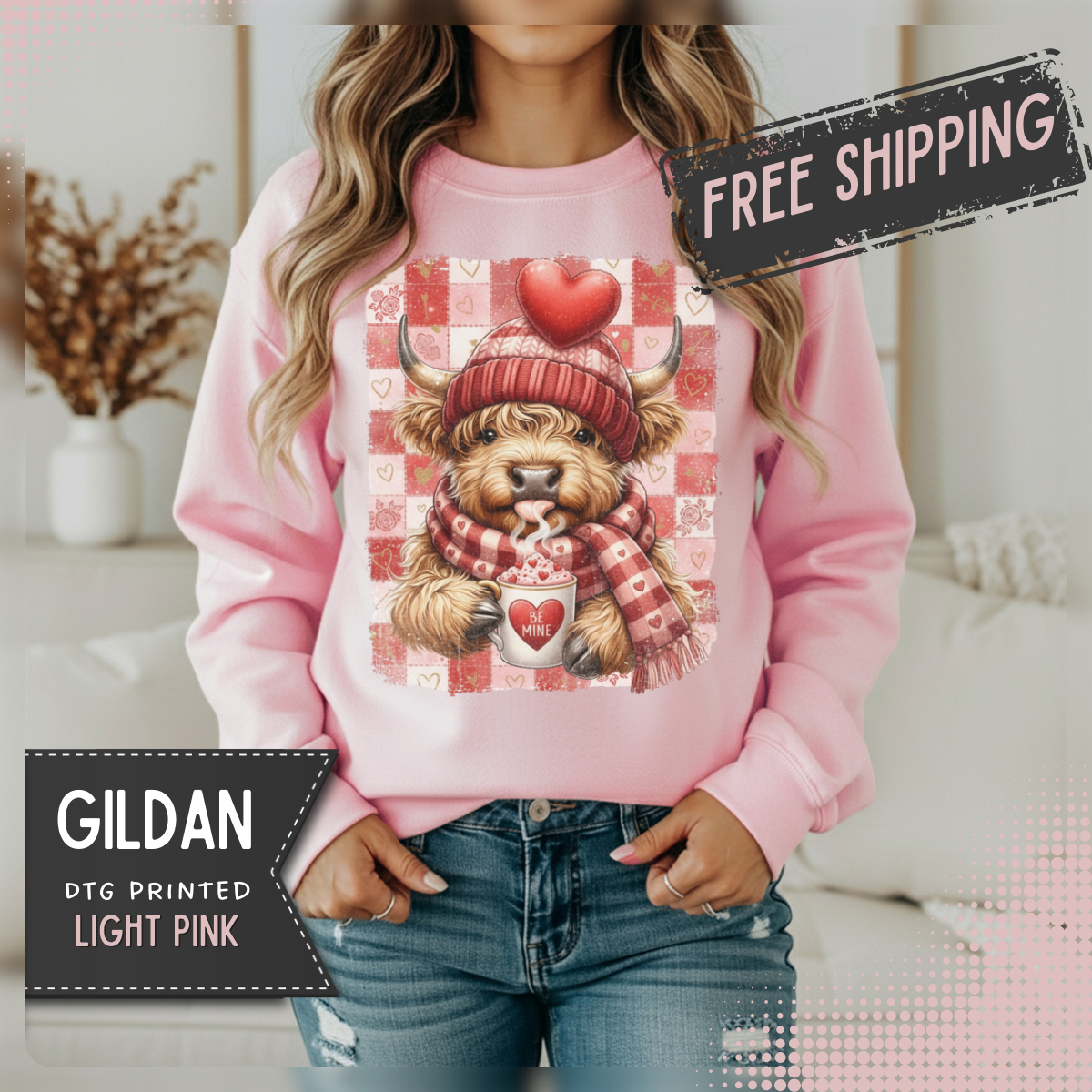 Highland Cow Be Mine, Red Checkered – Gildan Heavy Blend | Trendy Women’s Soft Sweatshirt. Direct to Garment. Printed & Shipped in the USA. Unisex Sizes.