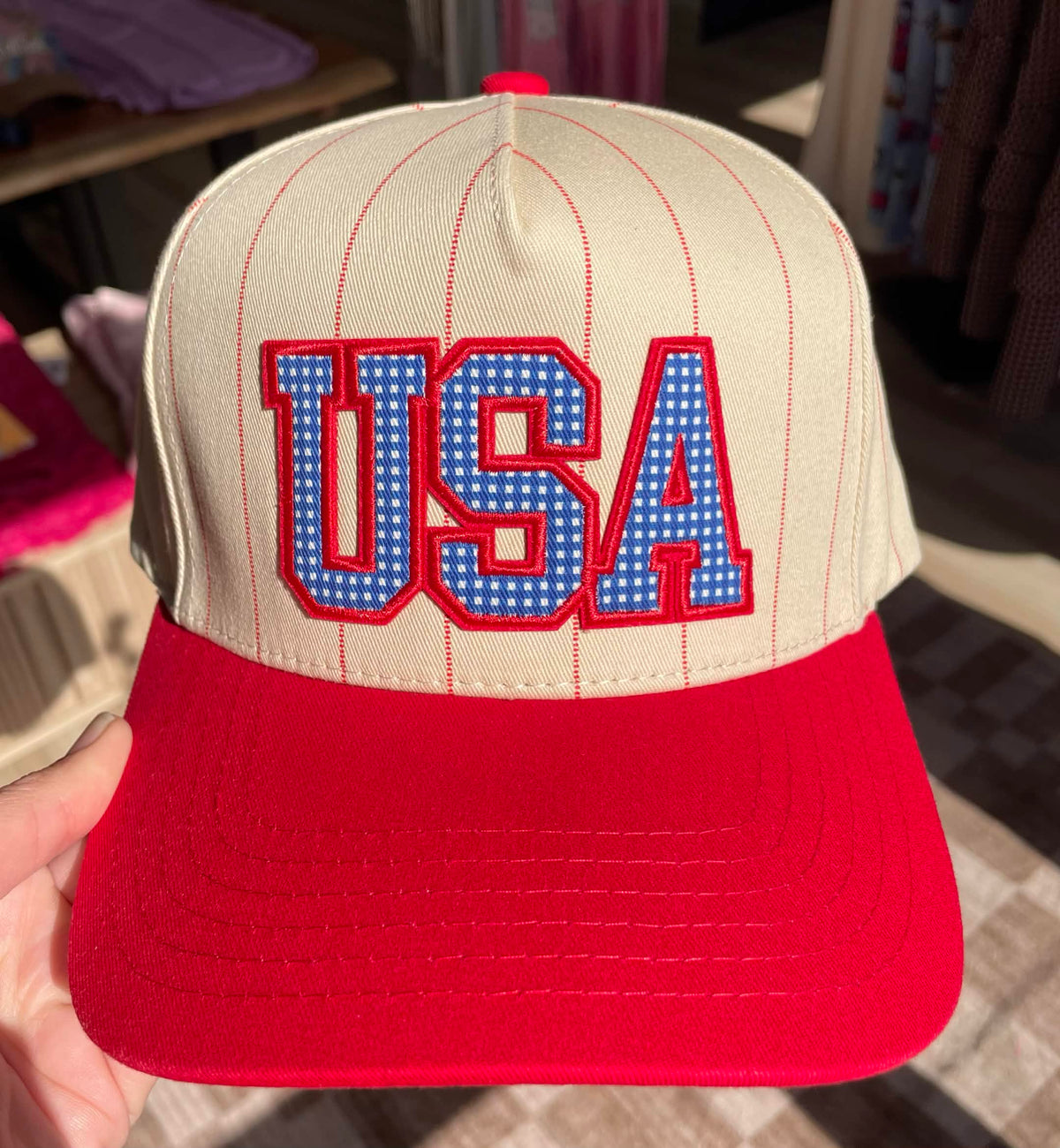 Embroidered USA (Cream & Red) Snapback Hat