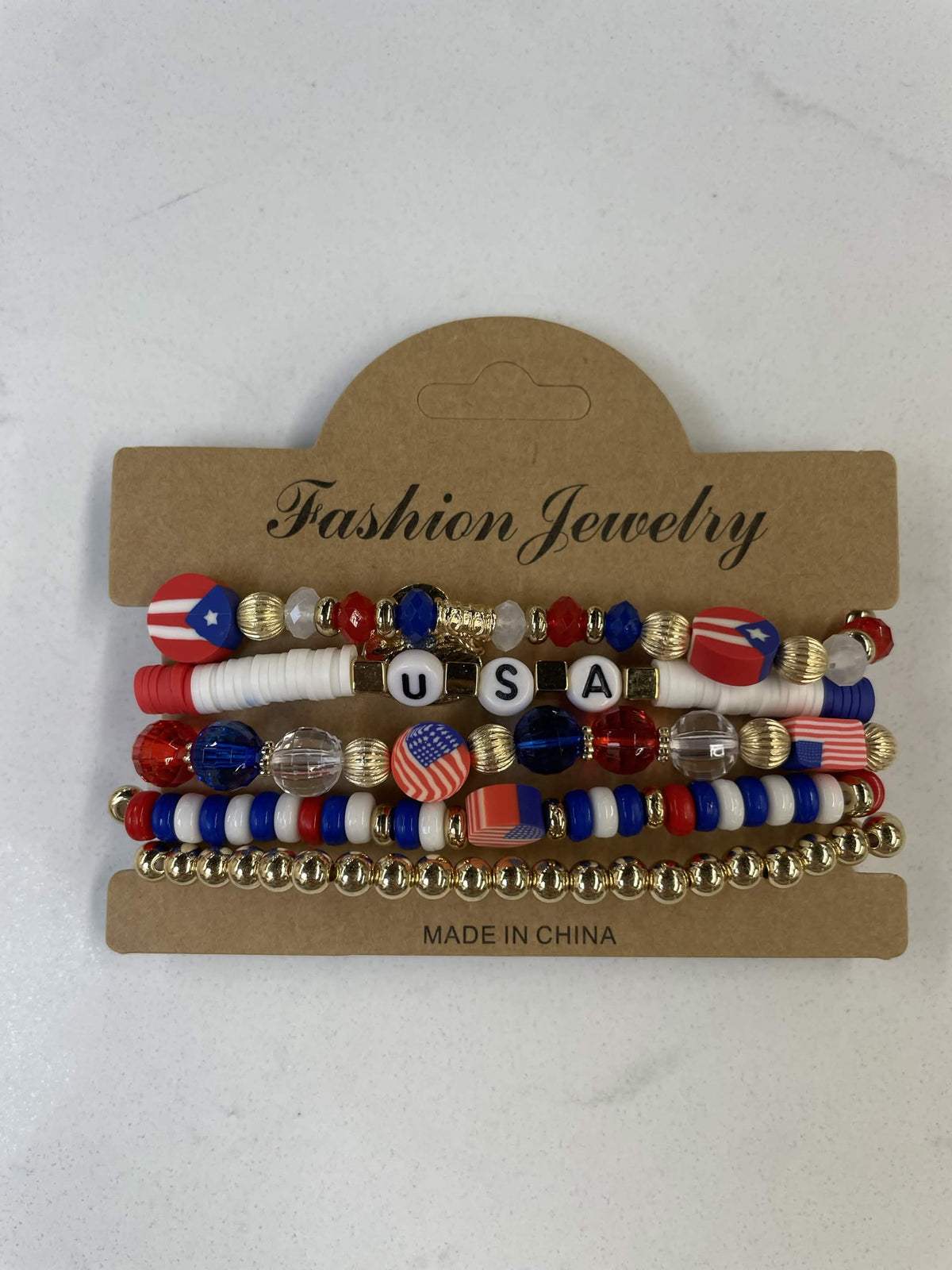 5pc Patriotic USA Beaded, Stretchy Bracelet Set