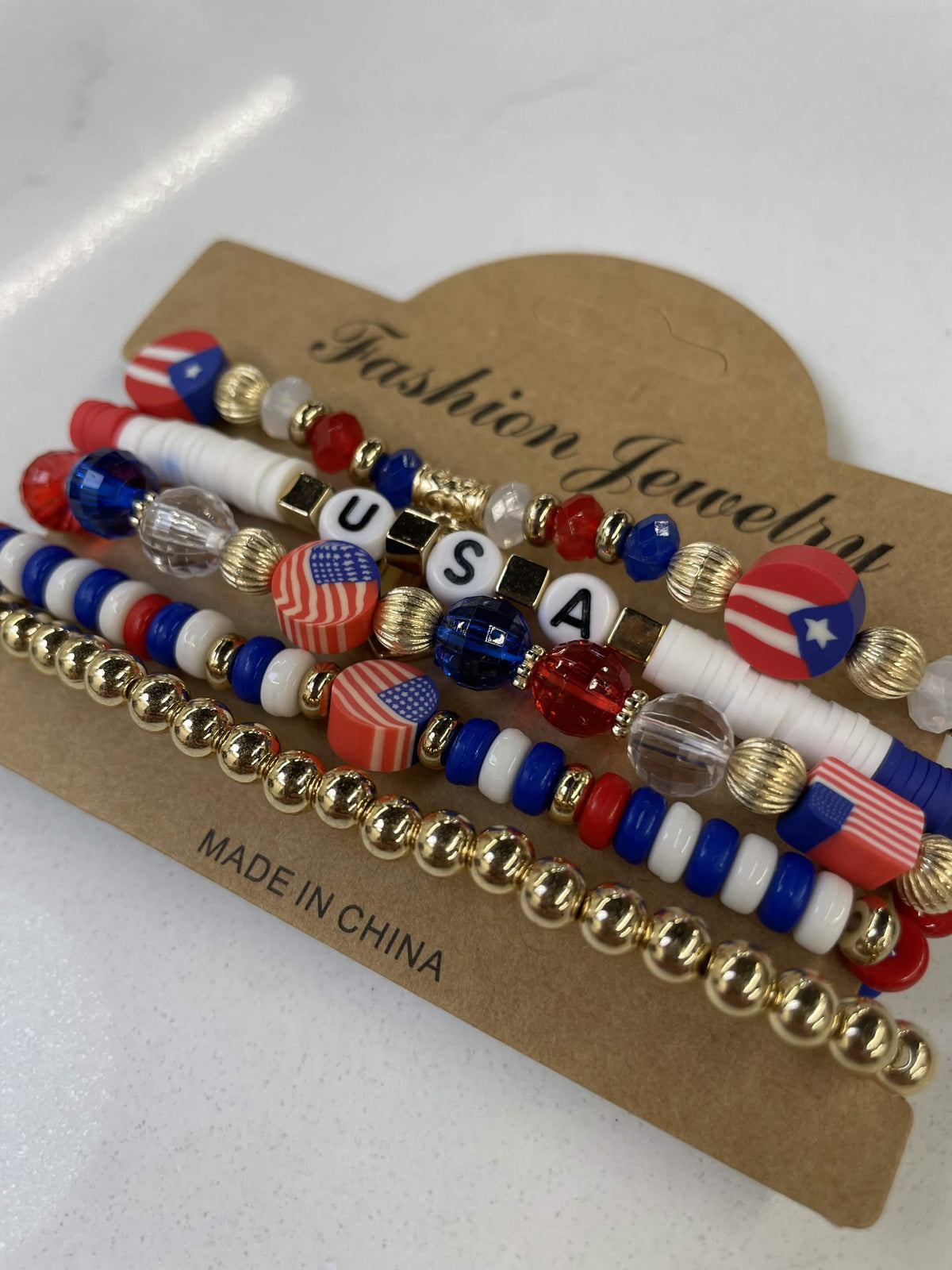 5pc Patriotic USA Beaded, Stretchy Bracelet Set