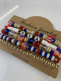 5pc Patriotic USA Beaded, Stretchy Bracelet Set