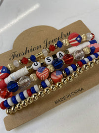 5pc Patriotic USA Beaded, Stretchy Bracelet Set