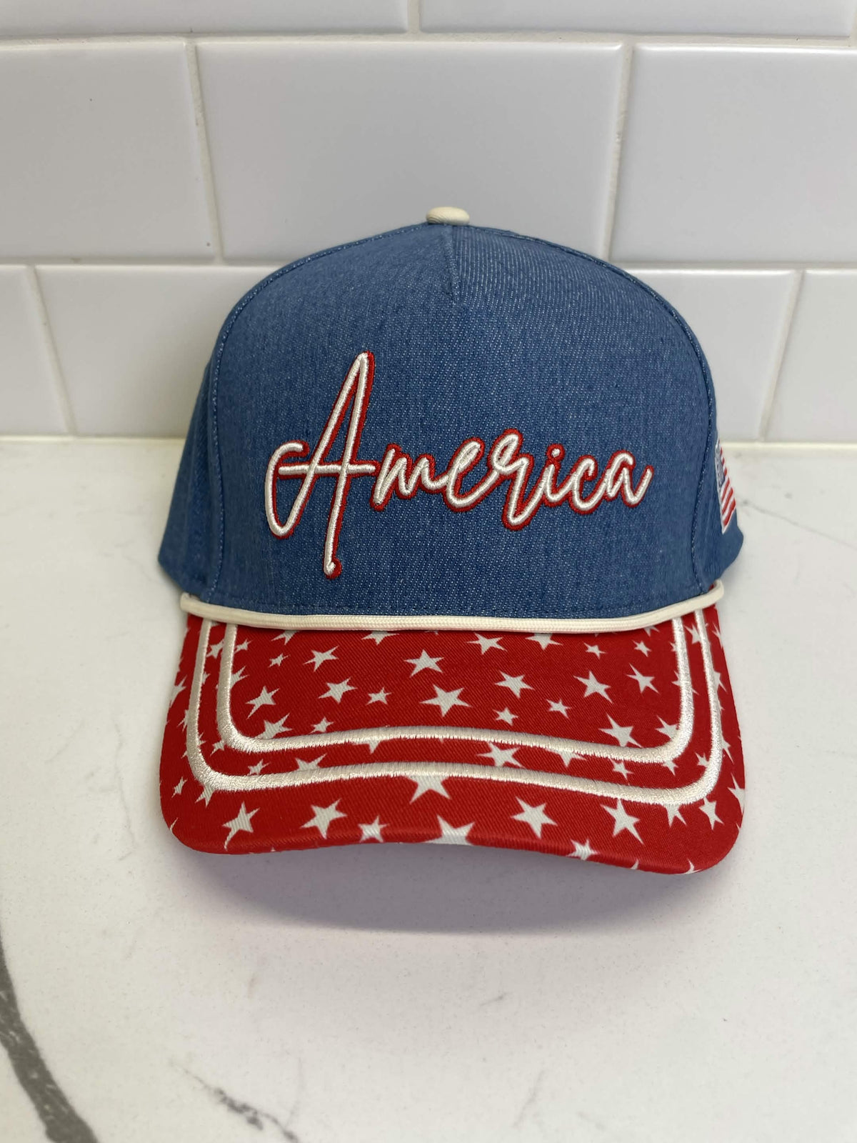 Embroidered (Red, White & Blue) America with Flag Patch Snapback Hat