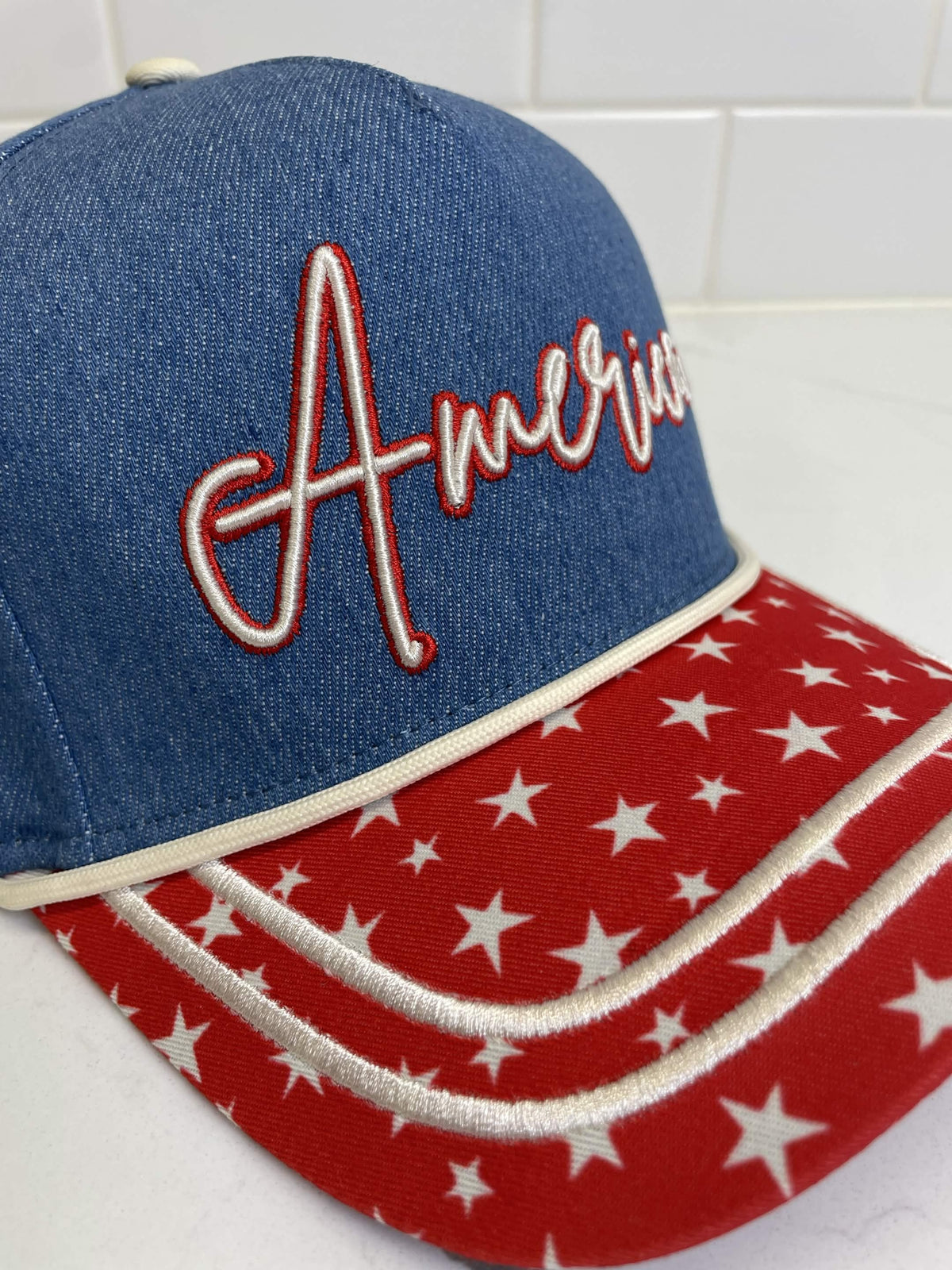 Embroidered (Red, White & Blue) America with Flag Patch Snapback Hat