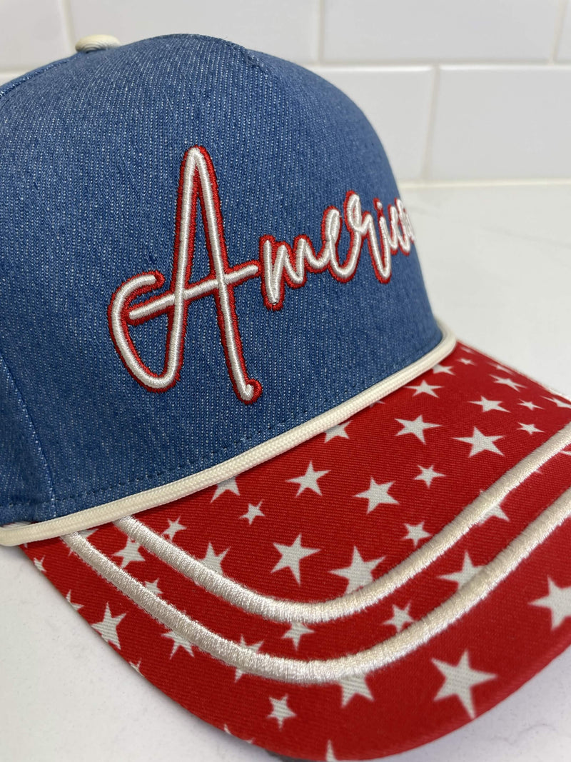 Embroidered (Red, White & Blue) America with Flag Patch Snapback Hat