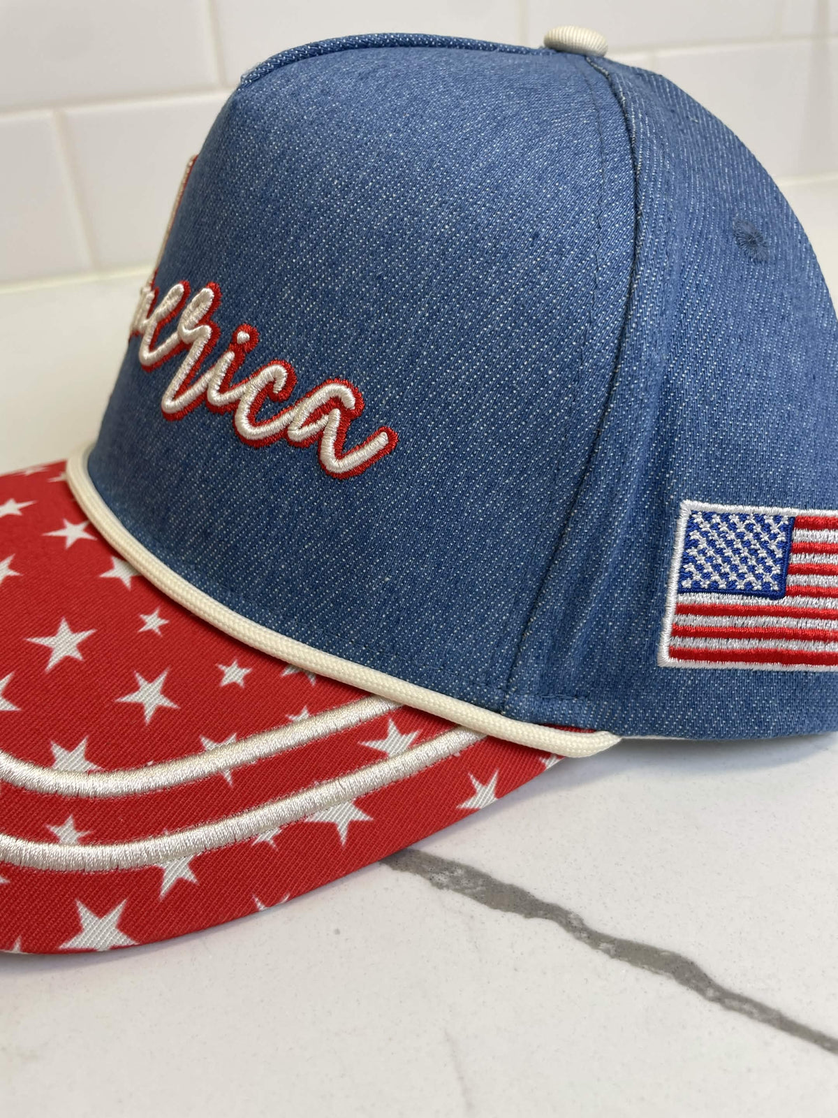 Embroidered (Red, White & Blue) America with Flag Patch Snapback Hat