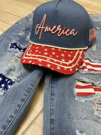 Embroidered (Red, White & Blue) America with Flag Patch Snapback Hat