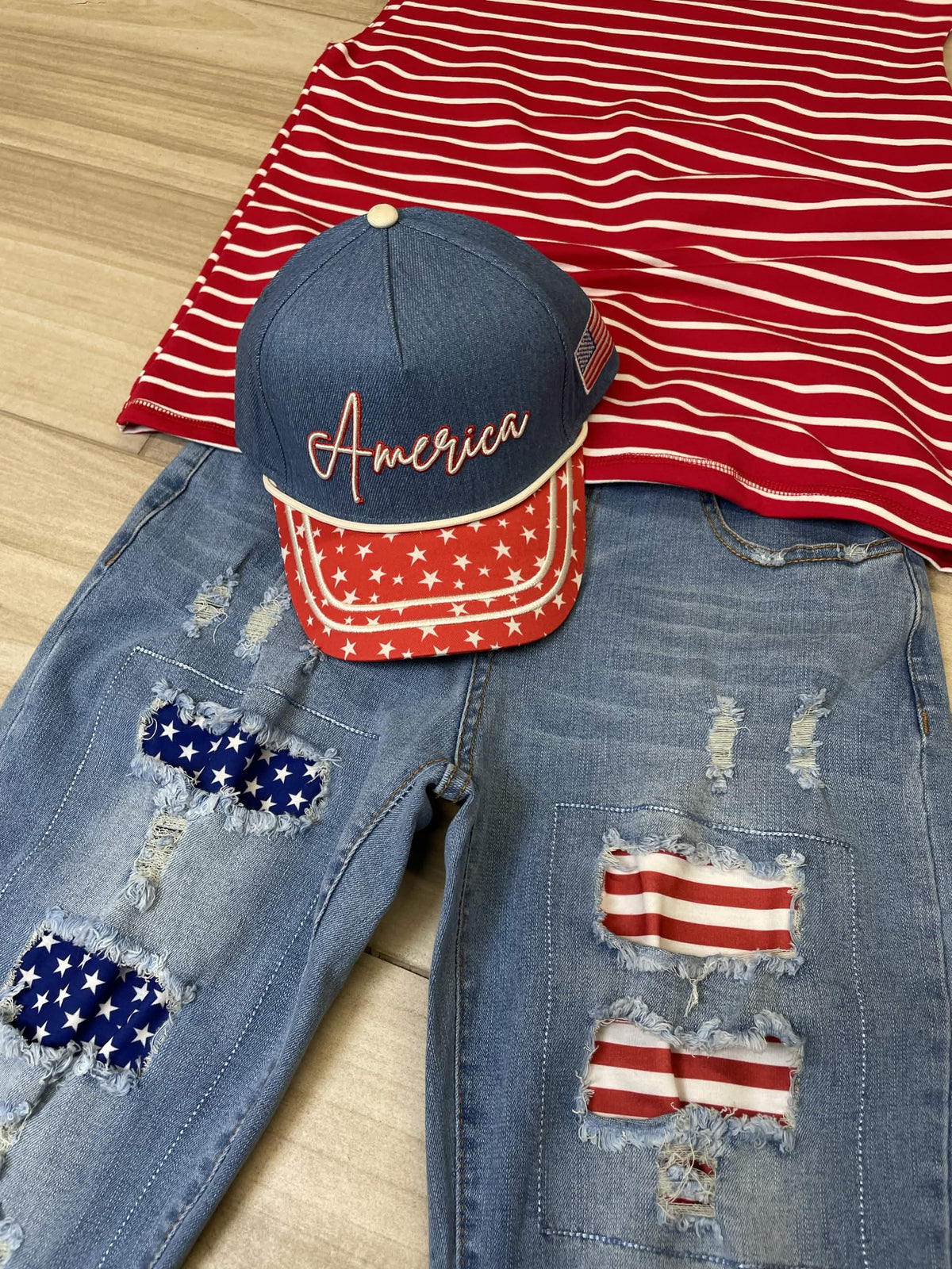 Embroidered (Red, White & Blue) America with Flag Patch Snapback Hat