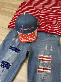 Embroidered (Red, White & Blue) America with Flag Patch Snapback Hat