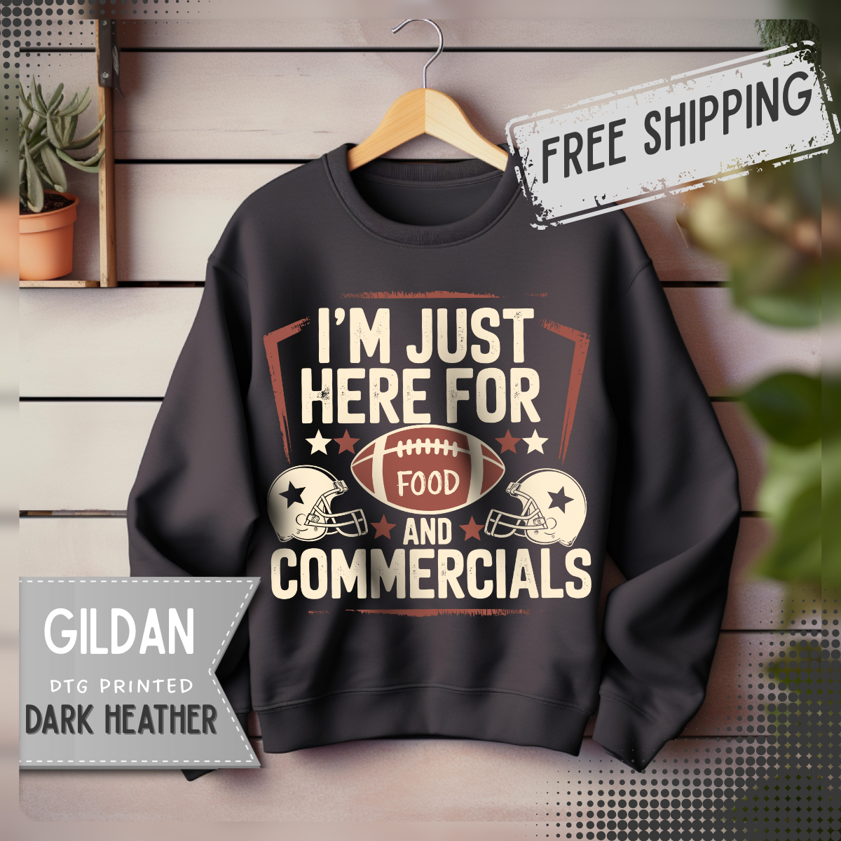 I'm Just Here for Food and Commercials – Gildan Heavy Blend | Trendy Women’s and Men's Soft Sweatshirt. Direct to Garment. Printed & Shipped in the USA. Unisex Sizes.