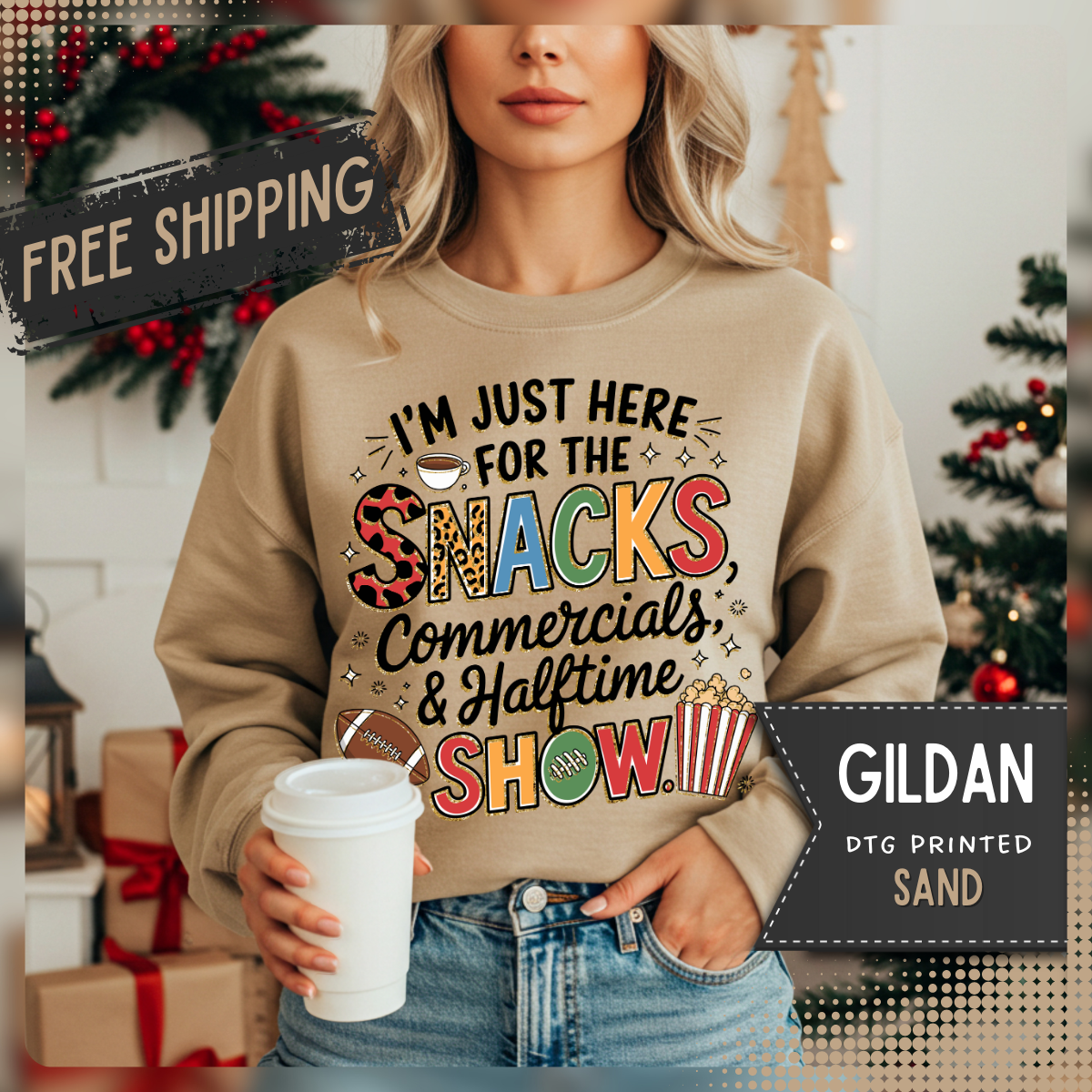 I’m Just Here for the Snacks, Commercials & Halftime Show – Gildan Heavy Blend | Trendy Women’s Soft Sweatshirt. Direct to Garment. Printed & Shipped in the USA. Unisex Sizes.