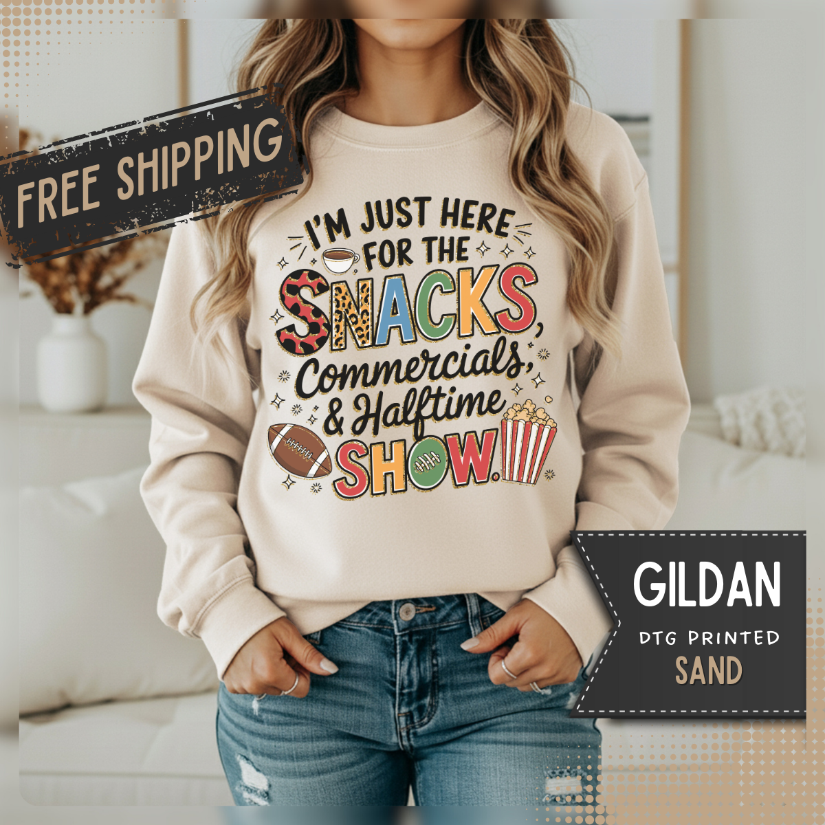 I’m Just Here for the Snacks, Commercials & Halftime Show – Gildan Heavy Blend | Trendy Women’s Soft Sweatshirt. Direct to Garment. Printed & Shipped in the USA. Unisex Sizes.