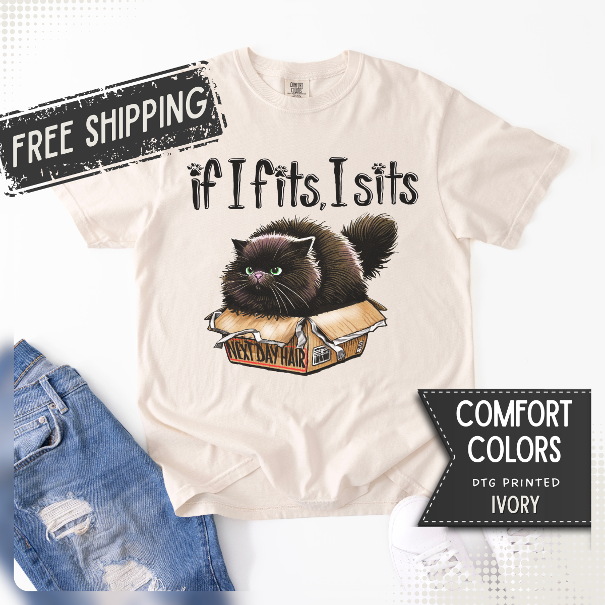 If I Fits I Sits, Cat in a Box - Comfort Colors | Trendy Women's and Men's T-Shirt. Direct to Garment. Printed & Shipped in the USA. Unisex Sizes.