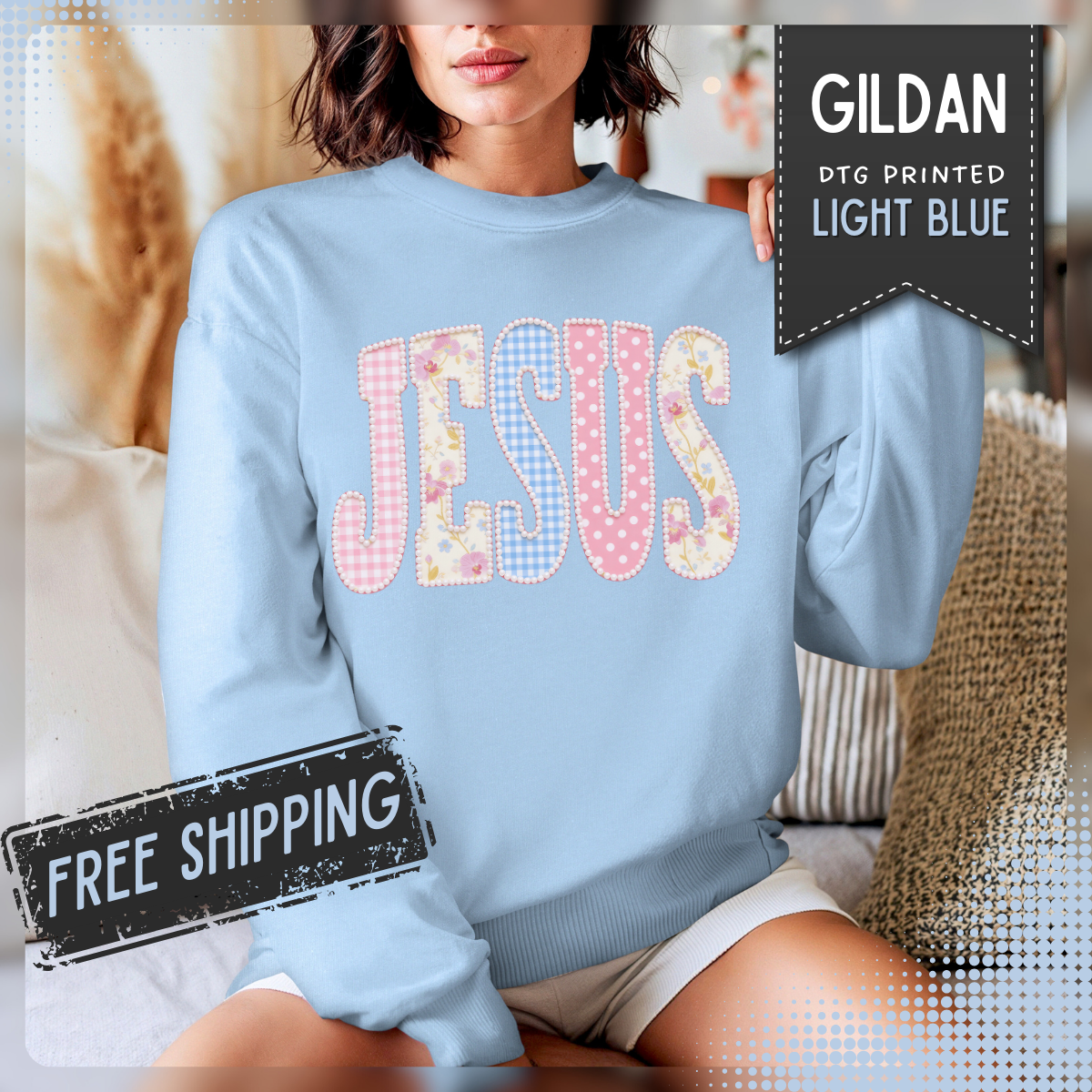 JESUS Pastel Faux Patchwork – Gildan Heavy Blend | Trendy Women’s Soft Sweatshirt. Direct to Garment. Printed & Shipped in the USA. Unisex Sizes.