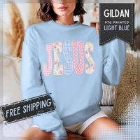 JESUS Pastel Faux Patchwork – Gildan Heavy Blend | Trendy Women’s Soft Sweatshirt. Direct to Garment. Printed & Shipped in the USA. Unisex Sizes.