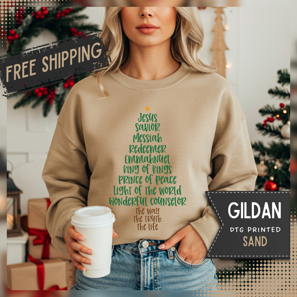 Jesus Names Christmas Tree – Gildan Heavy Blend | Trendy Women’s Soft Sweatshirt. Direct to Garment. Printed & Shipped in the USA. Unisex Sizes.