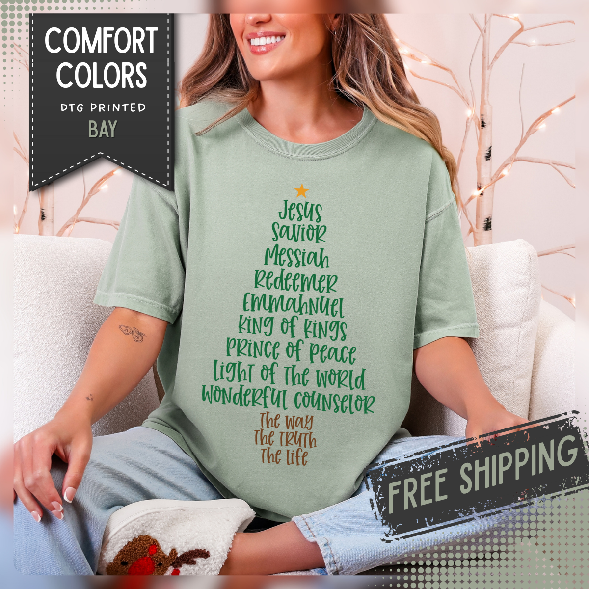 Jesus Name Christmas Tree - Comfort Colors | Trendy Women's T-Shirt. Direct to Garment. Printed & Shipped in the USA. Unisex Sizes.