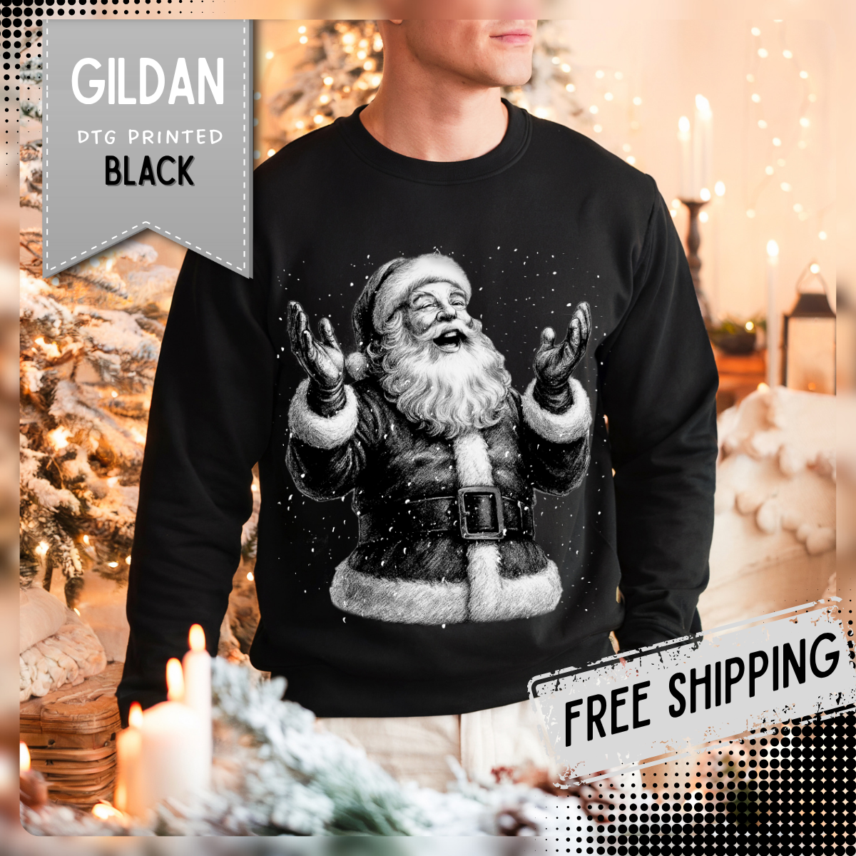Joyful Santa - Black and White Vintage – Gildan Heavy Blend | Trendy Women’s and Men's Soft Sweatshirt. Direct to Garment. Printed & Shipped in the USA. Unisex Sizes.