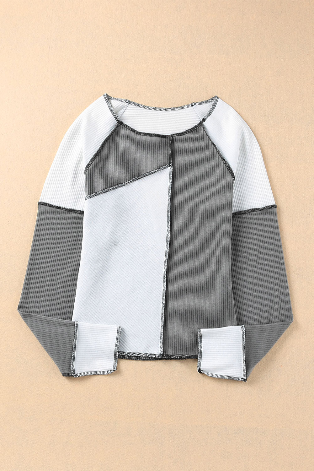 Gray & White Color Block Ribbed Lightweight Top