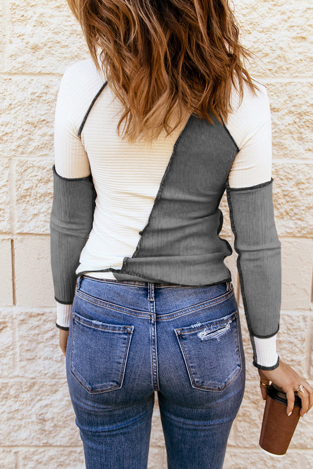 Gray & White Color Block Ribbed Lightweight Top