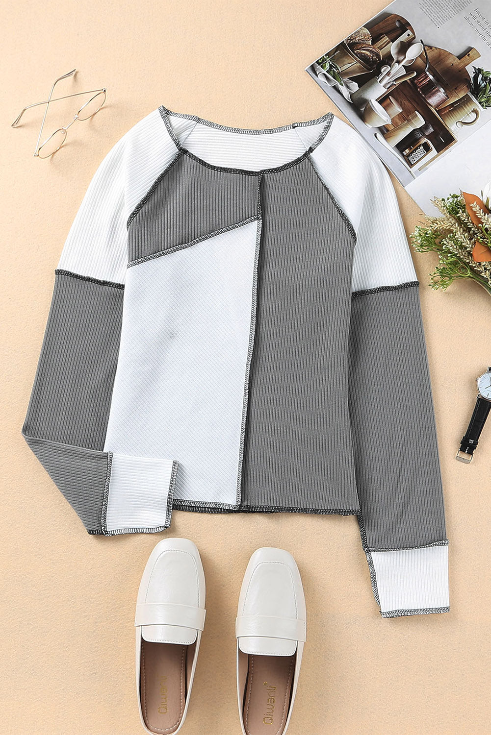 Gray & White Color Block Ribbed Lightweight Top