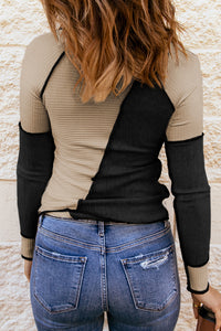 Beige & Black Color Block Ribbed Lightweight Top