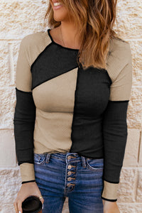 Beige & Black Color Block Ribbed Lightweight Top