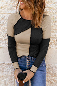 Beige & Black Color Block Ribbed Lightweight Top