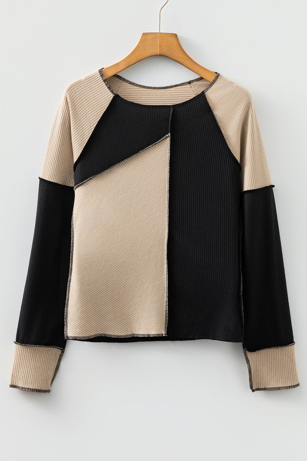 Beige & Black Color Block Ribbed Lightweight Top