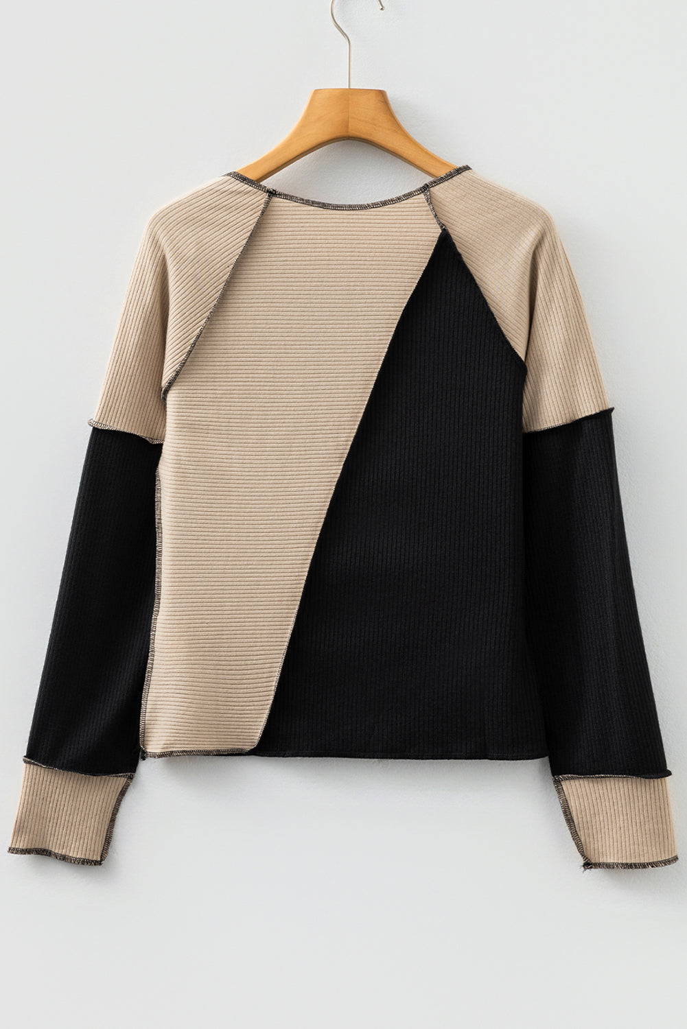Beige & Black Color Block Ribbed Lightweight Top