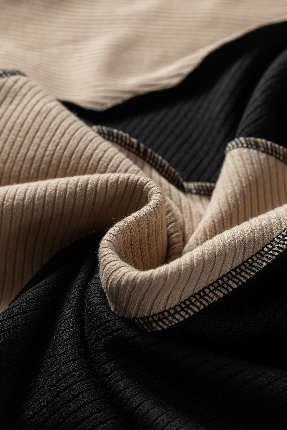 Beige & Black Color Block Ribbed Lightweight Top