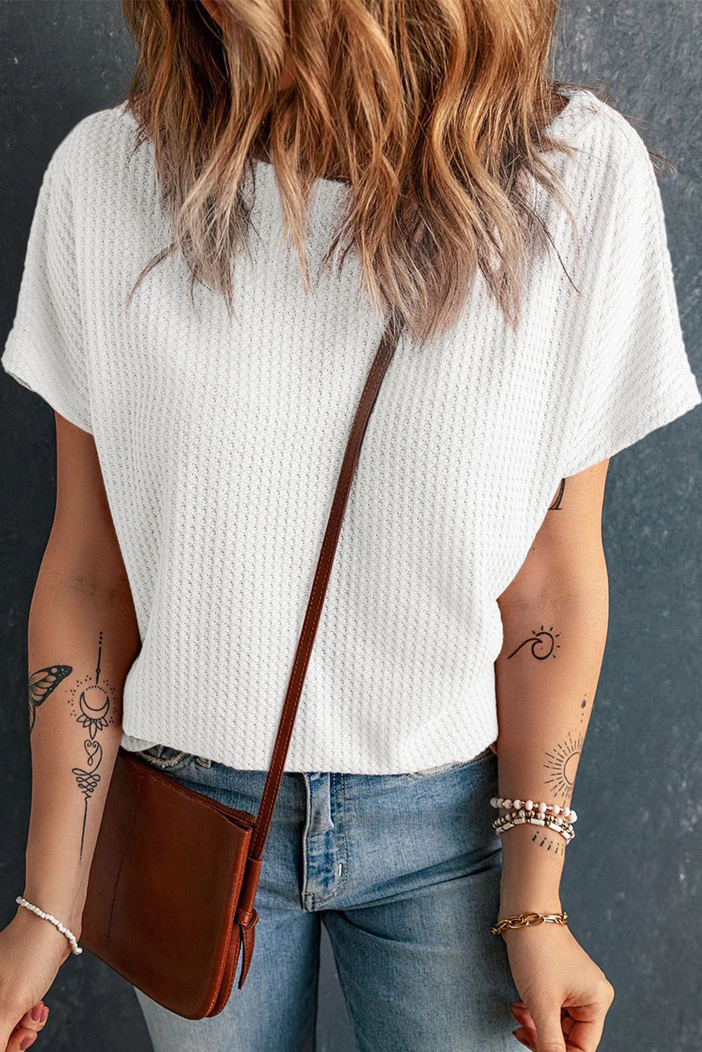 Waffle Knit (White) Boat Neck Short Sleeve Top