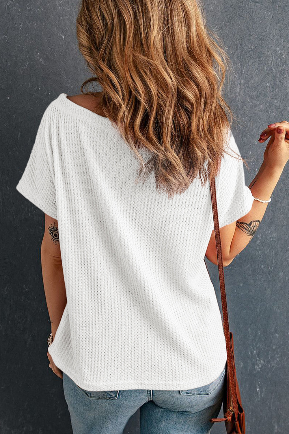 Waffle Knit (White) Boat Neck Short Sleeve Top