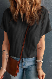 Waffle Knit (Black) Boat Neck Short Sleeve Top