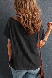Waffle Knit (Black) Boat Neck Short Sleeve Top