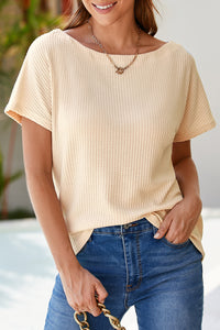 Waffle Knit (Beige) Boat Neck Short Sleeve Top
