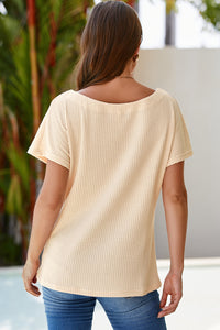 Waffle Knit (Beige) Boat Neck Short Sleeve Top