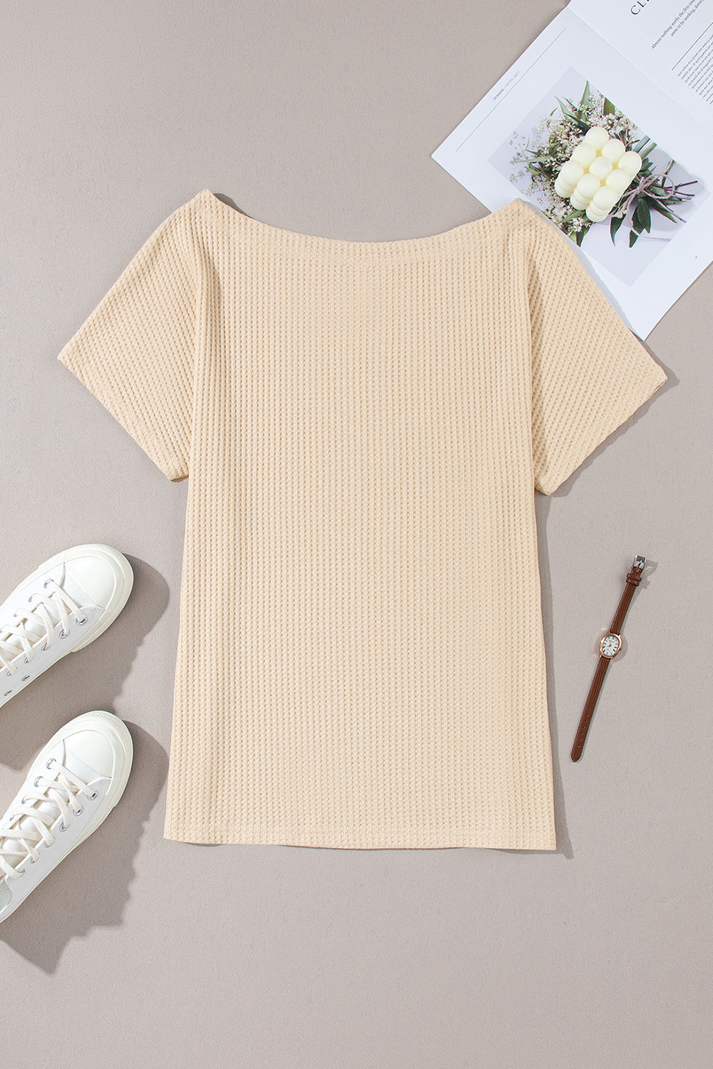 Waffle Knit (Beige) Boat Neck Short Sleeve Top