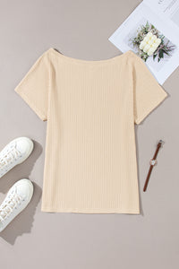 Waffle Knit (Beige) Boat Neck Short Sleeve Top