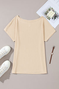 Waffle Knit (Beige) Boat Neck Short Sleeve Top