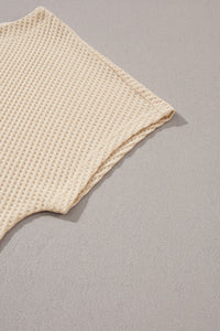 Waffle Knit (Beige) Boat Neck Short Sleeve Top