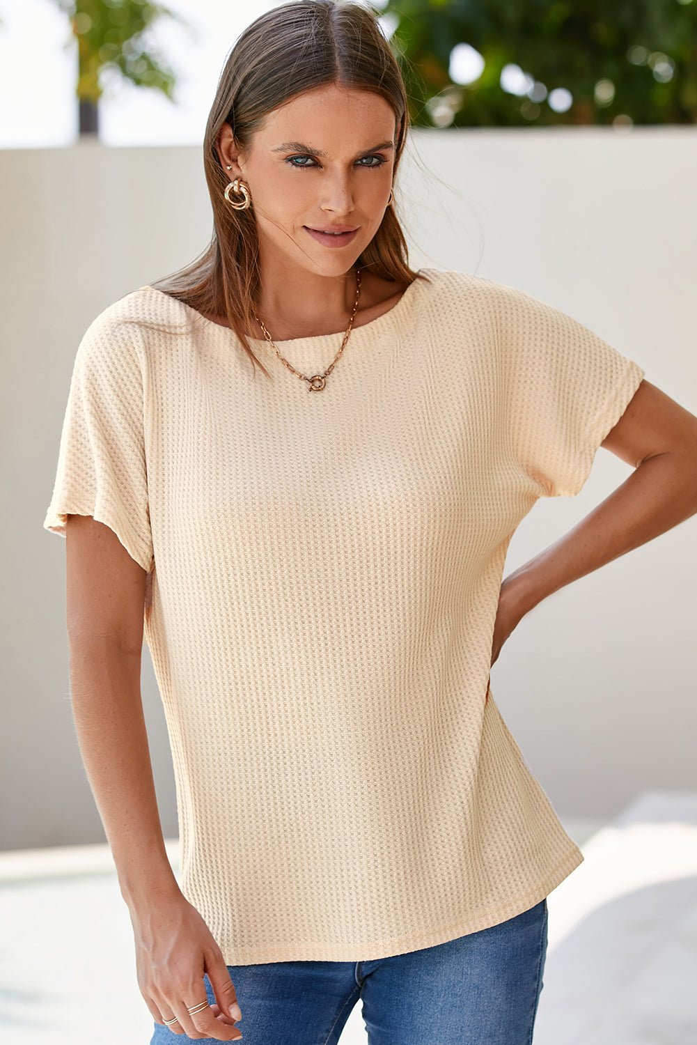 Waffle Knit (Beige) Boat Neck Short Sleeve Top