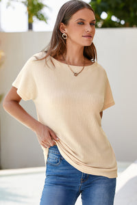 Waffle Knit (Beige) Boat Neck Short Sleeve Top