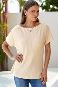 Waffle Knit (Beige) Boat Neck Short Sleeve Top