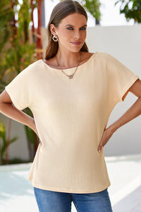 Waffle Knit (Beige) Boat Neck Short Sleeve Top