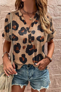 Leopard Short Sleeve Buttoned V-Neck Top