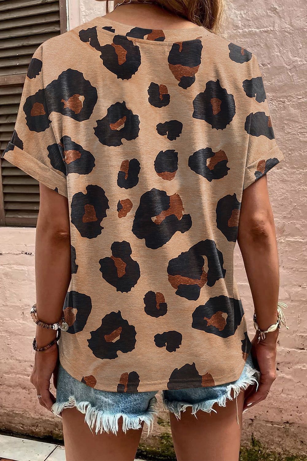 Leopard Short Sleeve Buttoned V-Neck Top