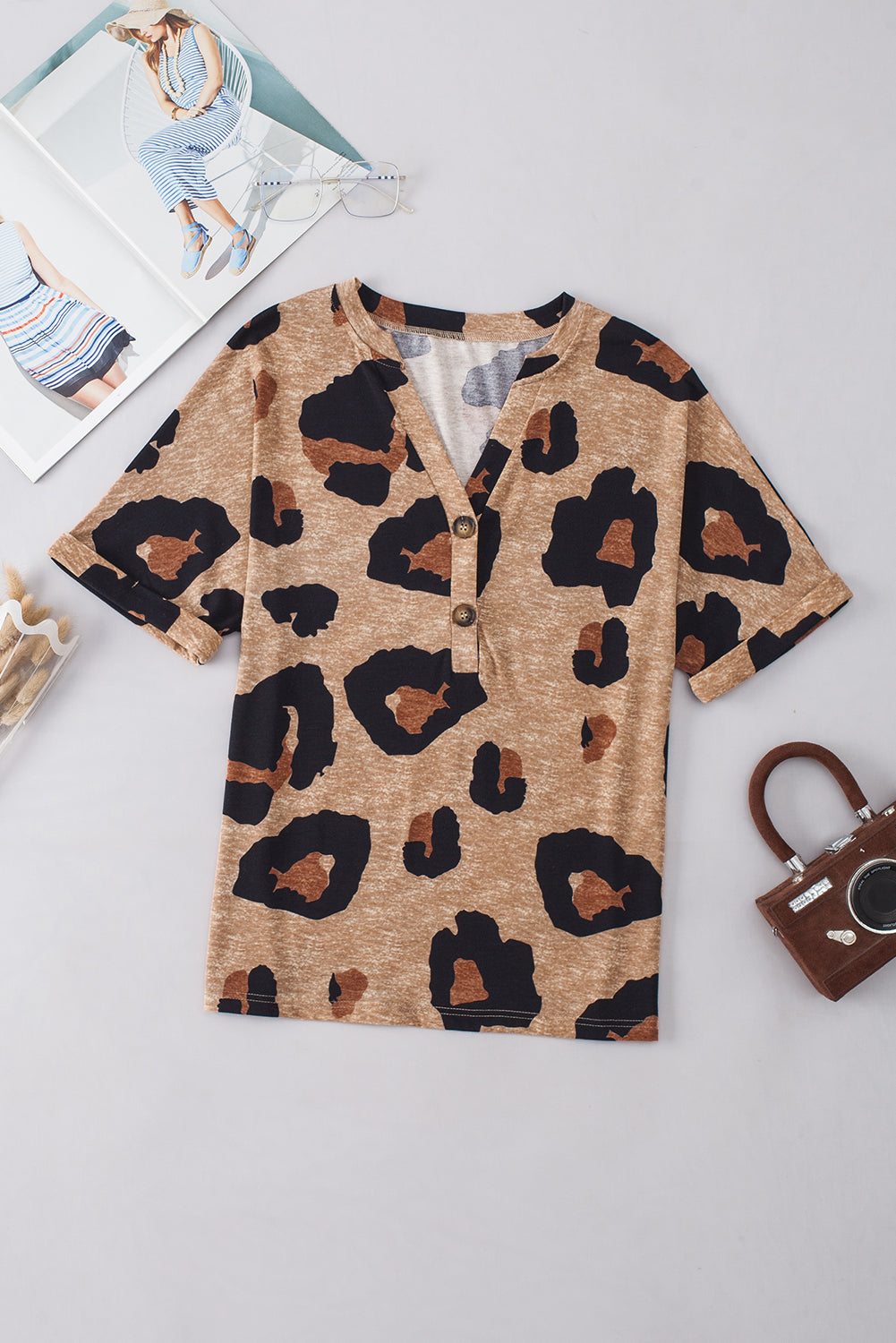 Leopard Short Sleeve Buttoned V-Neck Top