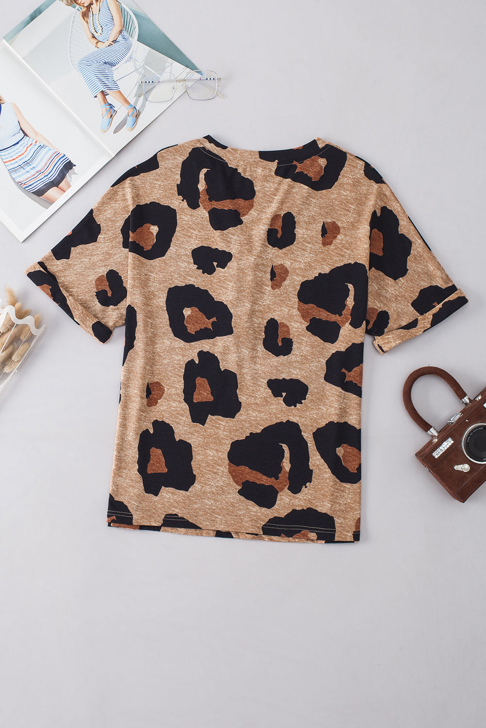 Leopard Short Sleeve Buttoned V-Neck Top